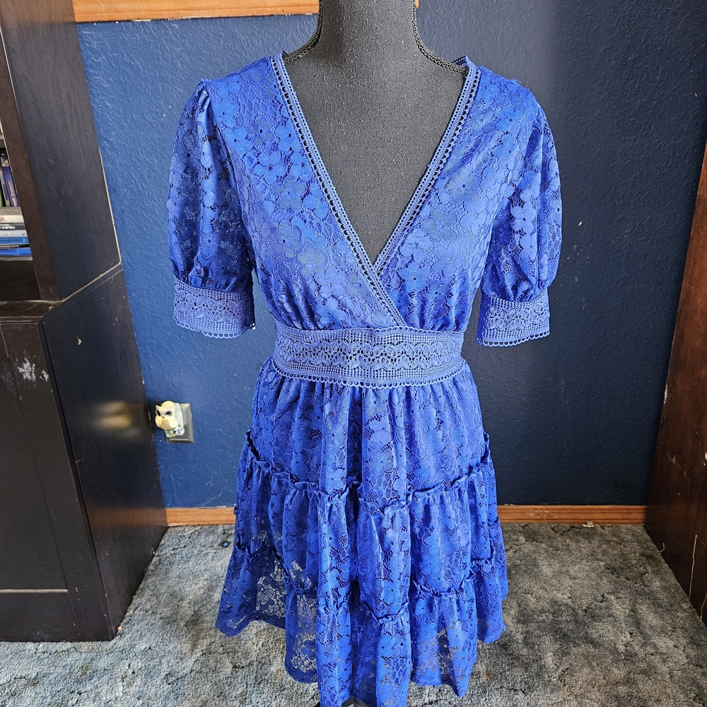 NSR Cobalt Blue Lace Midi Dress womens size small nwt